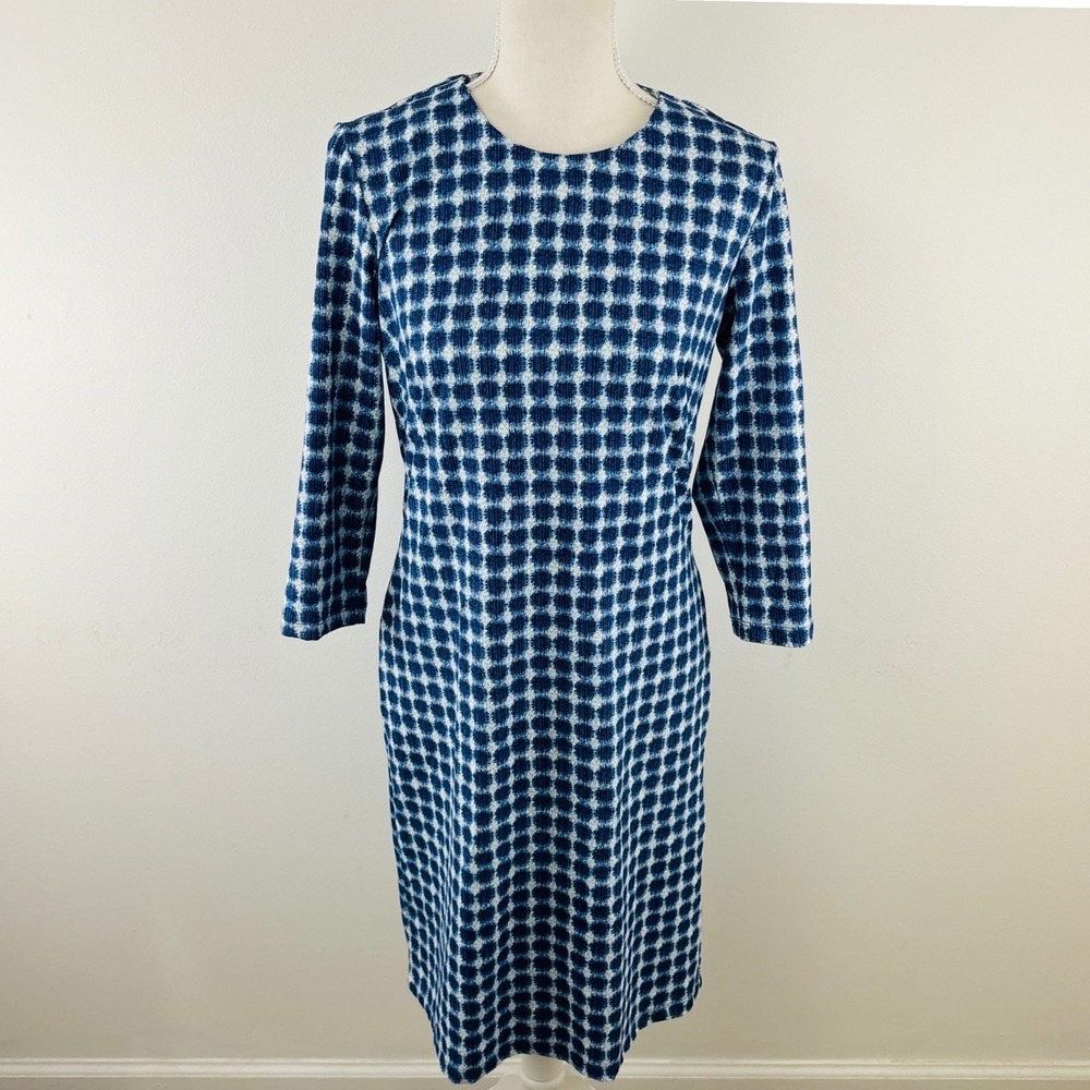 J.McLaughlin Navy Blue White Geometric Dot Sheath Stretchable Dress 3/4 Sleeve S